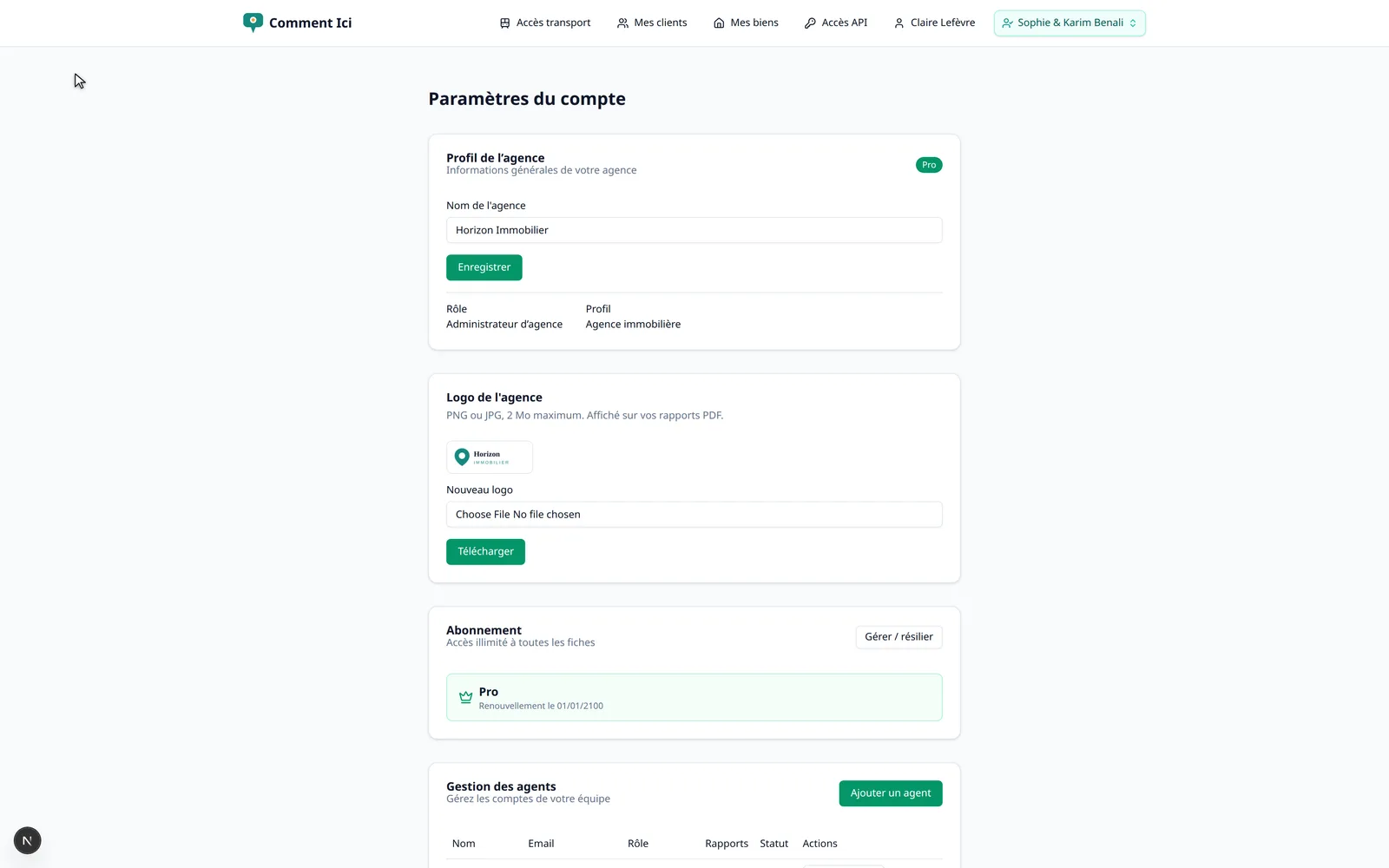 Console d'administration de l'agence avec la gestion des utilisateurs