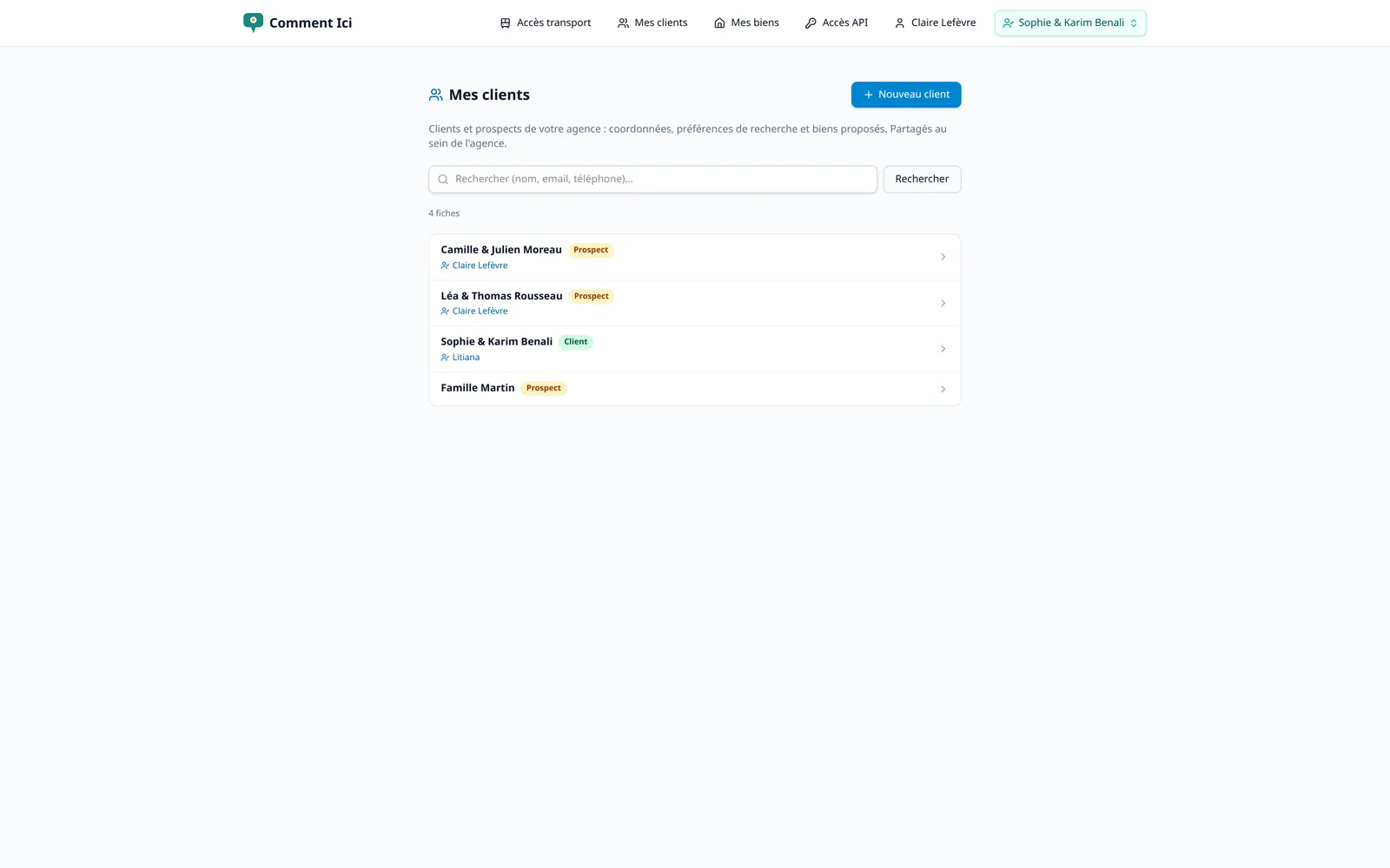 Fiche client du CRM avec ses fiches et biens rattachés